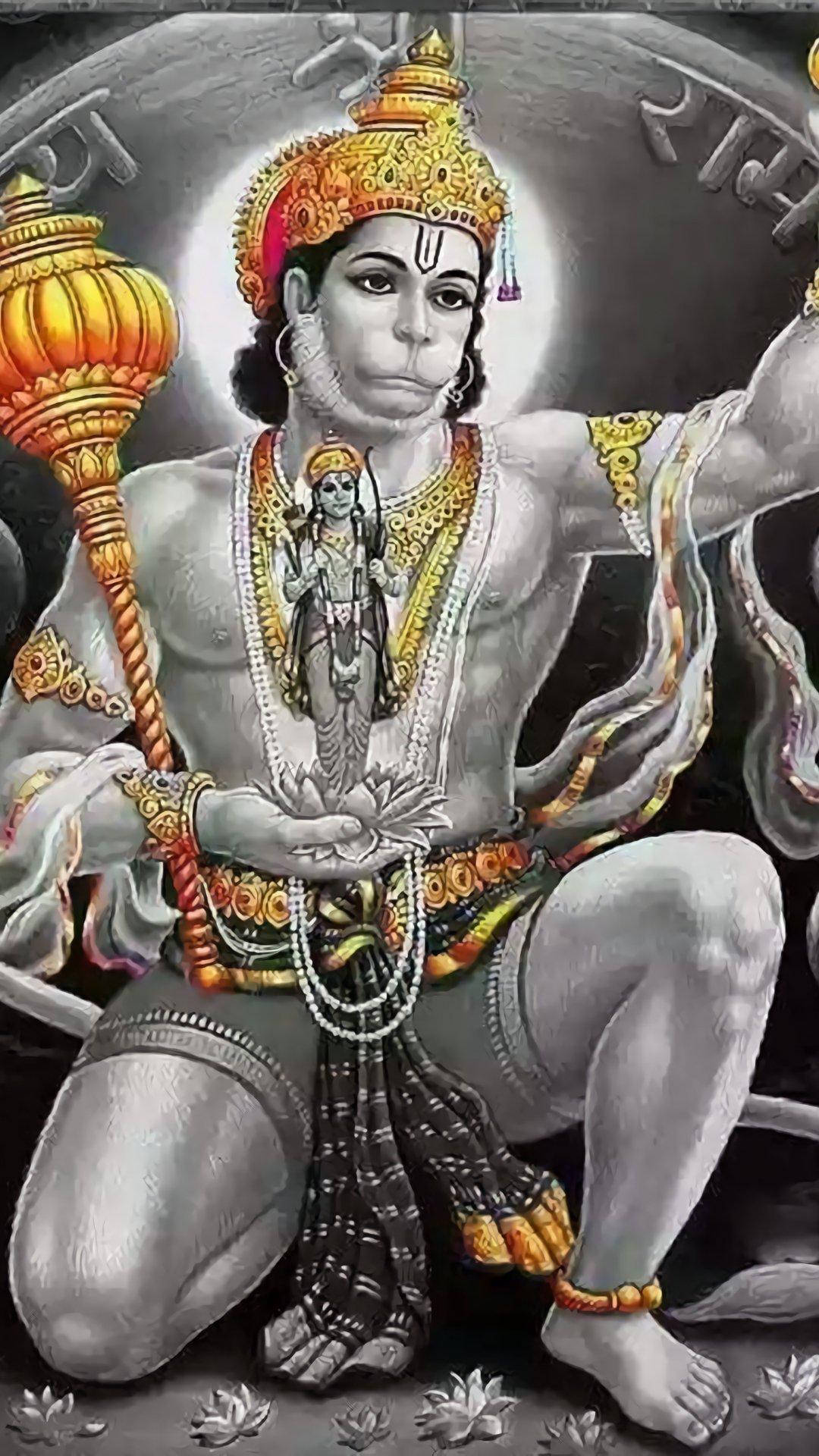 hanuman art 桌布 壁紙 — 一位莊嚴的插畫神祇，頭戴金色皇冠，佩戴華麗珠寶，以冥想姿勢坐著，手持權杖和一個小雕像。