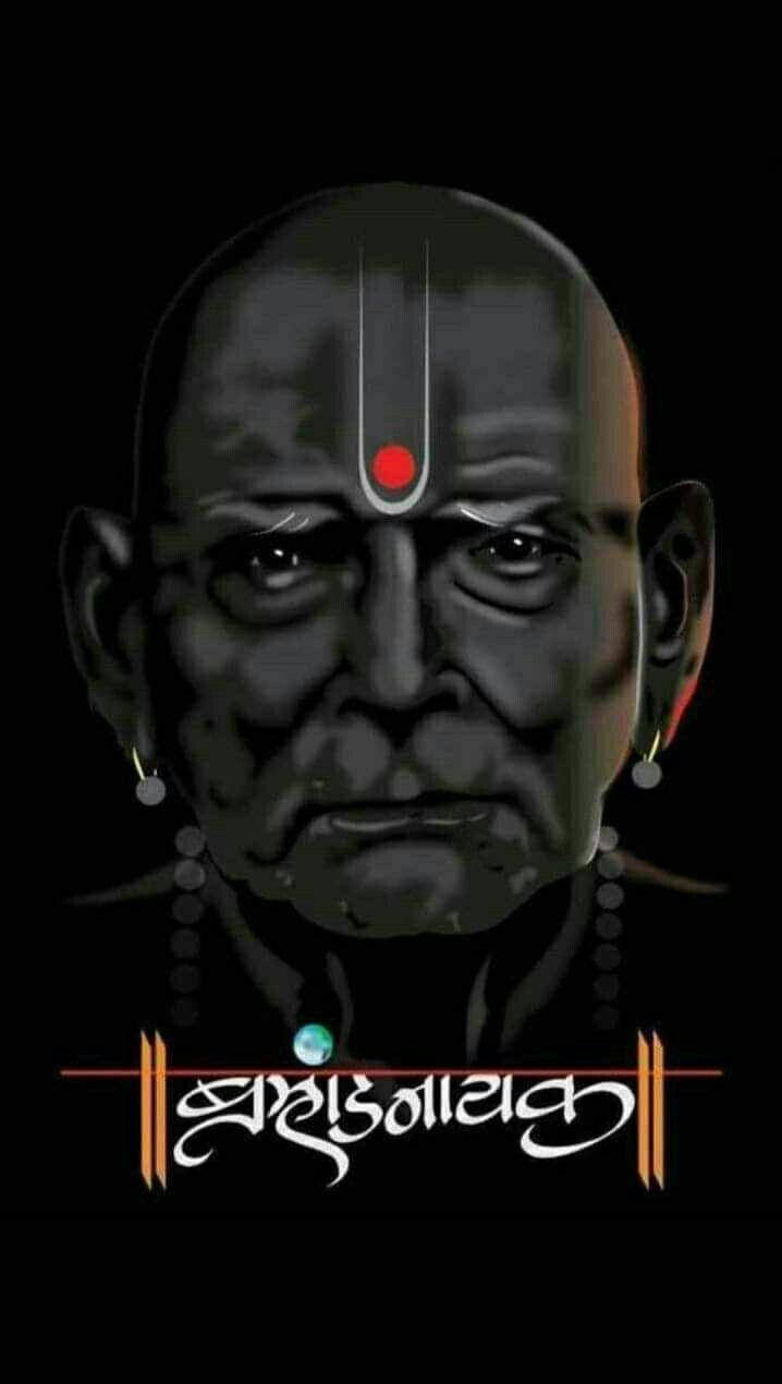 shri swami samarth 桌布 壁紙 — 一位莊嚴的深色皮膚聖人，帶有紅色眉心貼和銀色耳環，在黑色背景下強烈凝視。