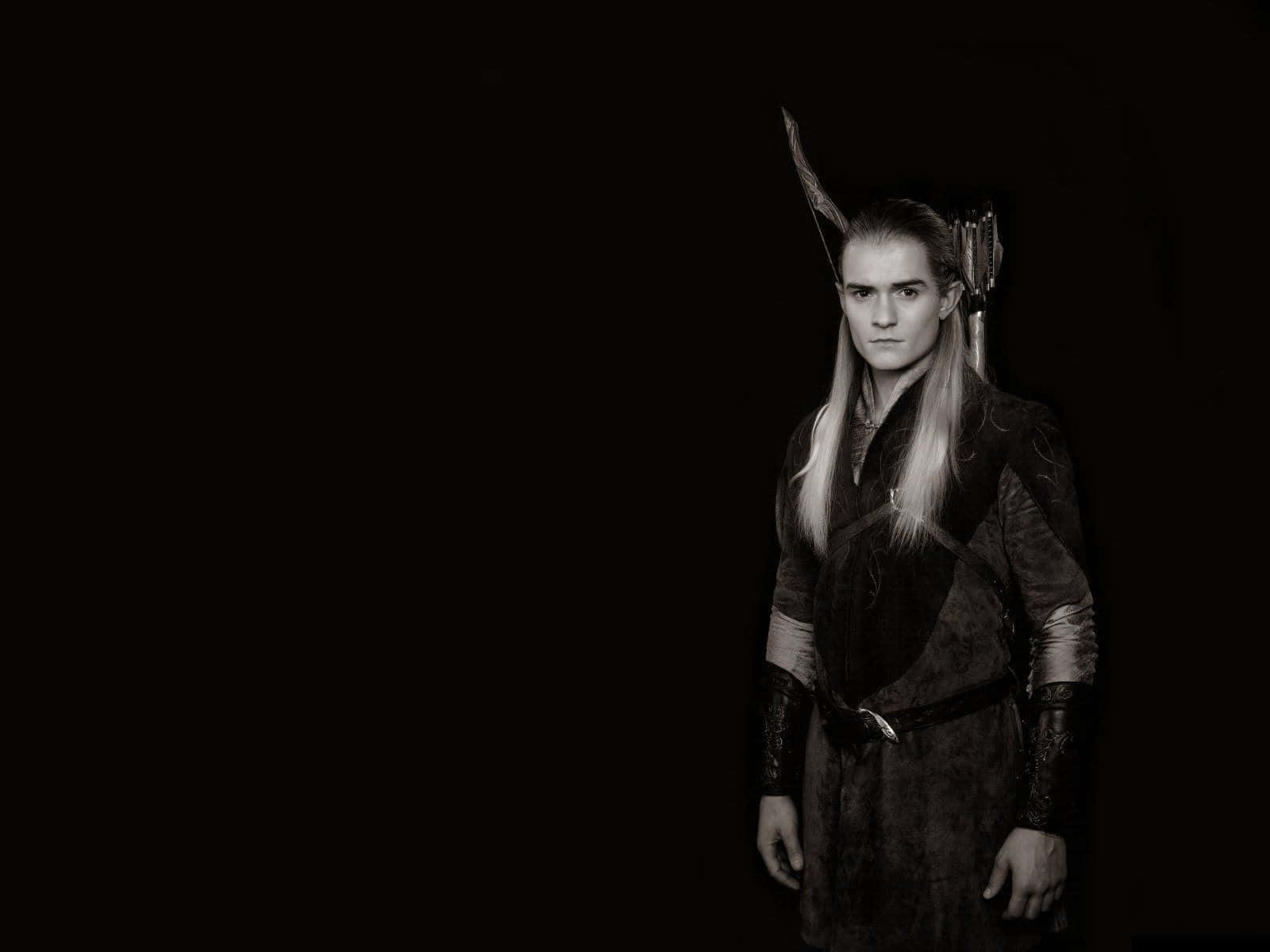 legolas 桌布 壁紙 — 一位莊嚴的精靈，長著銀色長髮和尖耳朵，站在陰影黑暗中手持弓箭。