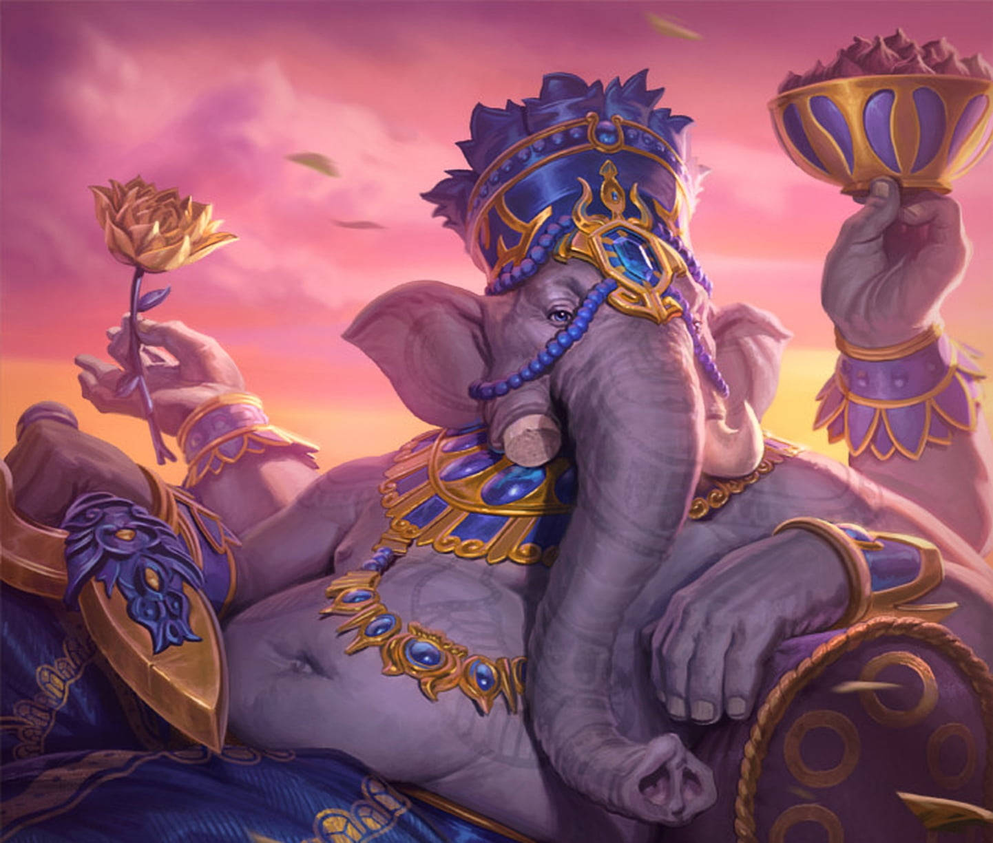 Ganesh 桌布 壁紙 — 一位莊嚴的紫色象神，飾有金色和藍色珠寶，在粉紅色日落天空下手持玫瑰和碗。