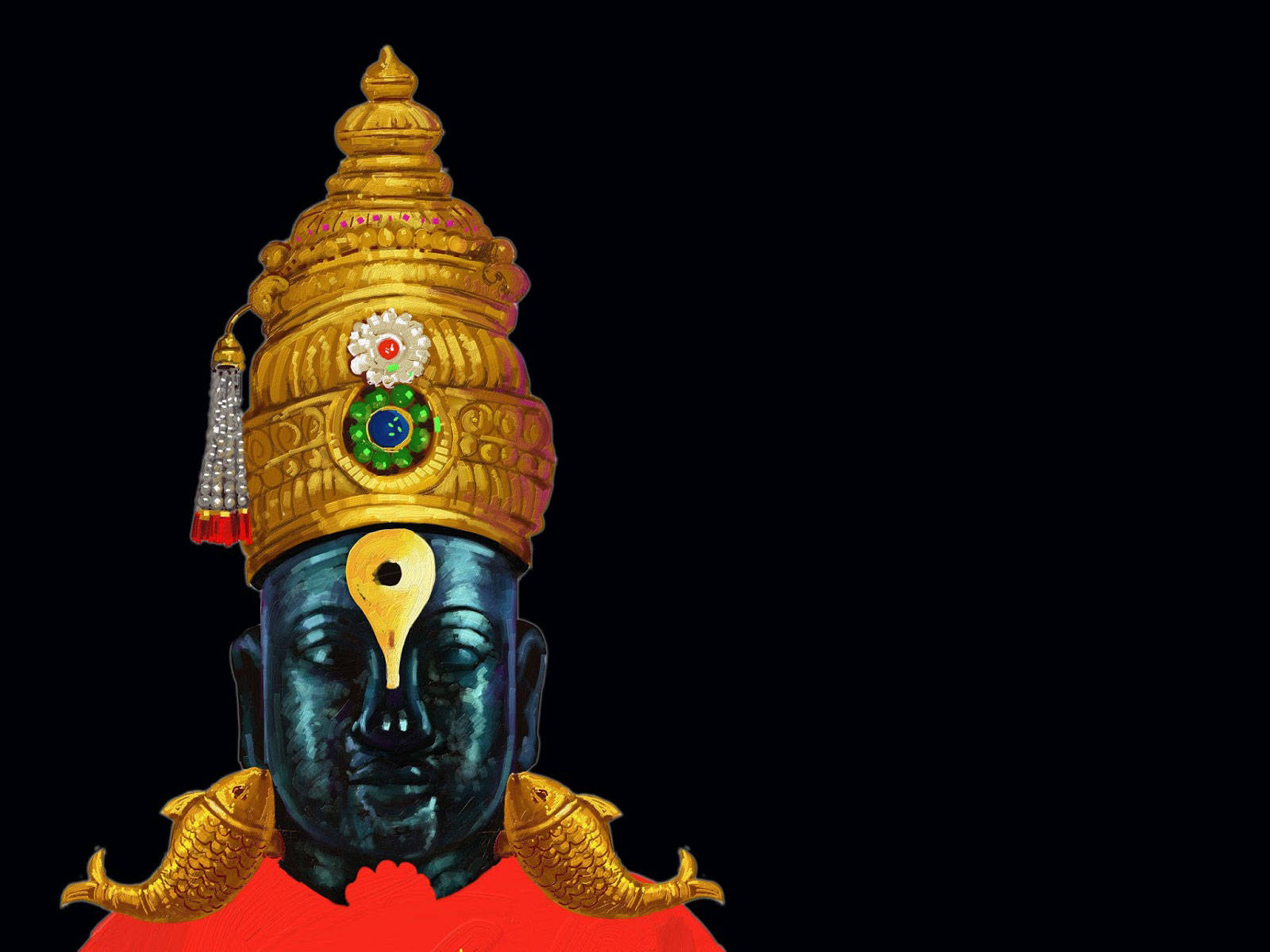 Hindu God 桌布 壁紙 — 一位莊嚴的藍皮膚神祇，頭戴飾有寶石和魚形圖案的金色皇冠，背景為純黑色。
