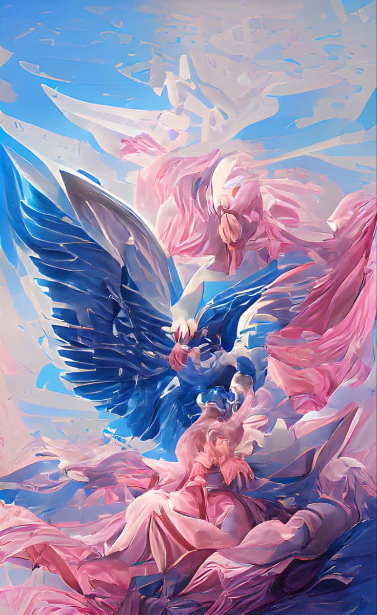 transgender 桌布 壁紙 — 一位莊嚴的藍翼天使在柔和的天空下，於旋轉的粉紅色和藍色布料中擁抱著一位身穿長袍的人物。