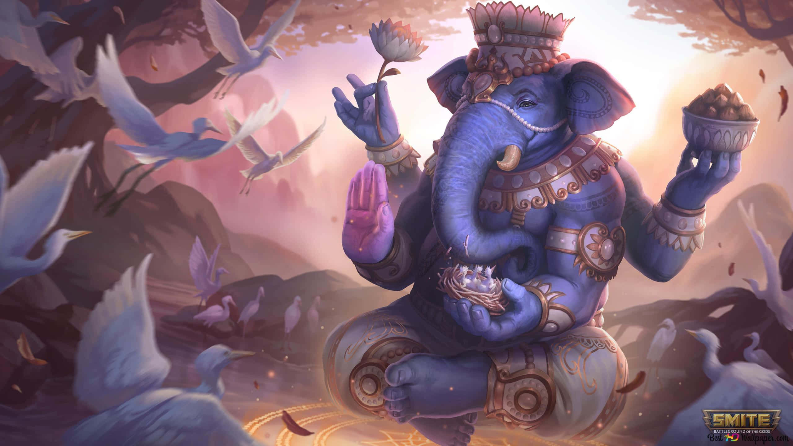 Smite 桌布 壁紙 — 一位莊嚴的藍色象頭神在發光的鳥兒和柔和的粉紅雲朵中寧靜地坐著，手持神聖的符號。