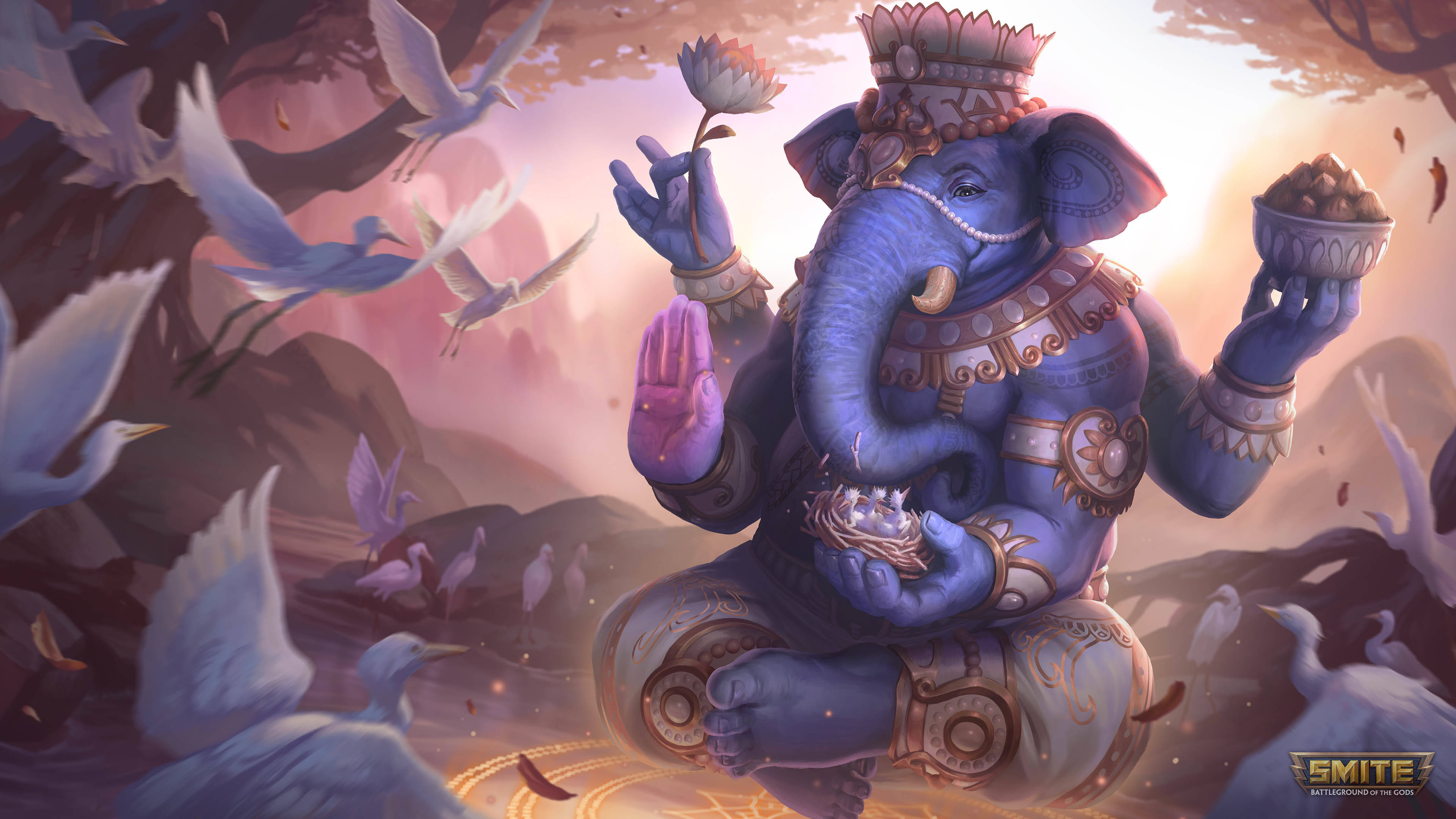 ganesh 4K 桌布 壁紙 — 一位莊嚴的藍色象頭神祇安詳地坐在飛鳥和發光的光芒之中，用華麗的手持有神聖的物品。