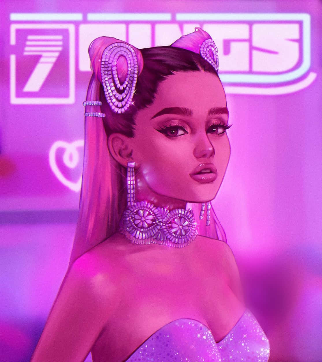Ariana Grande 7 Rings 桌布 壁紙 — 一位華麗的動漫風格女性，戴著珠寶貓耳和閃亮服裝，在粉紅色霓虹燈下擺姿勢。