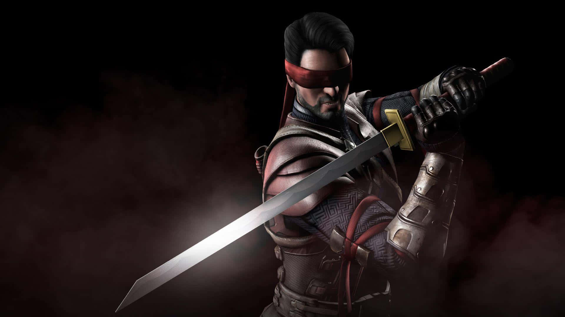 Mortal Kombat X 桌布 壁紙 — 一位蒙眼武士穿著精細盔甲，在煙霧瀰漫的黑暗背景中緊握閃亮的武士刀。