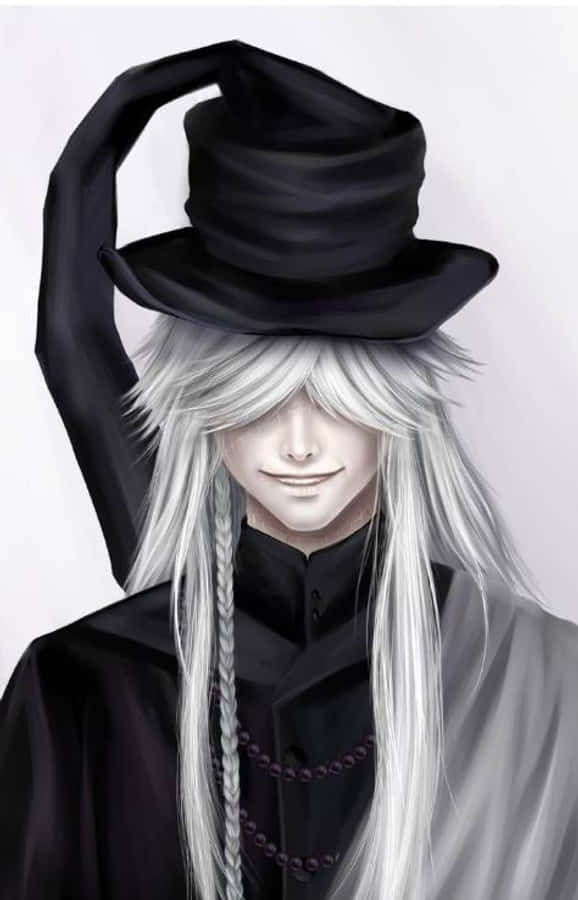 Black Butler Undertaker 桌布 壁紙 — 一位蒼白的動漫女巫，銀髮戴黑色高帽，在素色背景前微微淺笑。