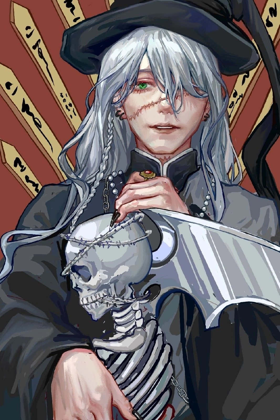 Black Butler Undertaker 桌布 壁紙 — 一位蒼白的動漫女巫，銀髮綠眼，在金色符文背景下抱著一個被鎖鏈纏繞的骷髏。
