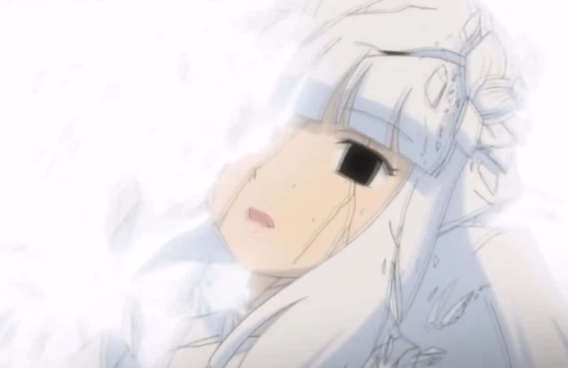 Inuyasha Kanna 桌布 壁紙 — 一位蒼白的動畫女孩，白髮黑眼，在明亮的冬日場景中，於旋轉的雪花間溫柔凝視。