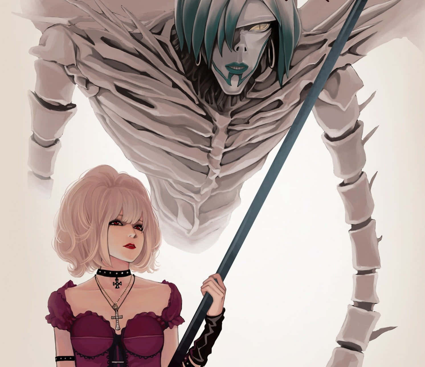 Death Note Rem 桌布 壁紙 — 一位蒼白的女人穿著深紫色連衣裙，手持法杖，身後一個高大的骷髏身影，頭髮呈青綠色，隱約出現。