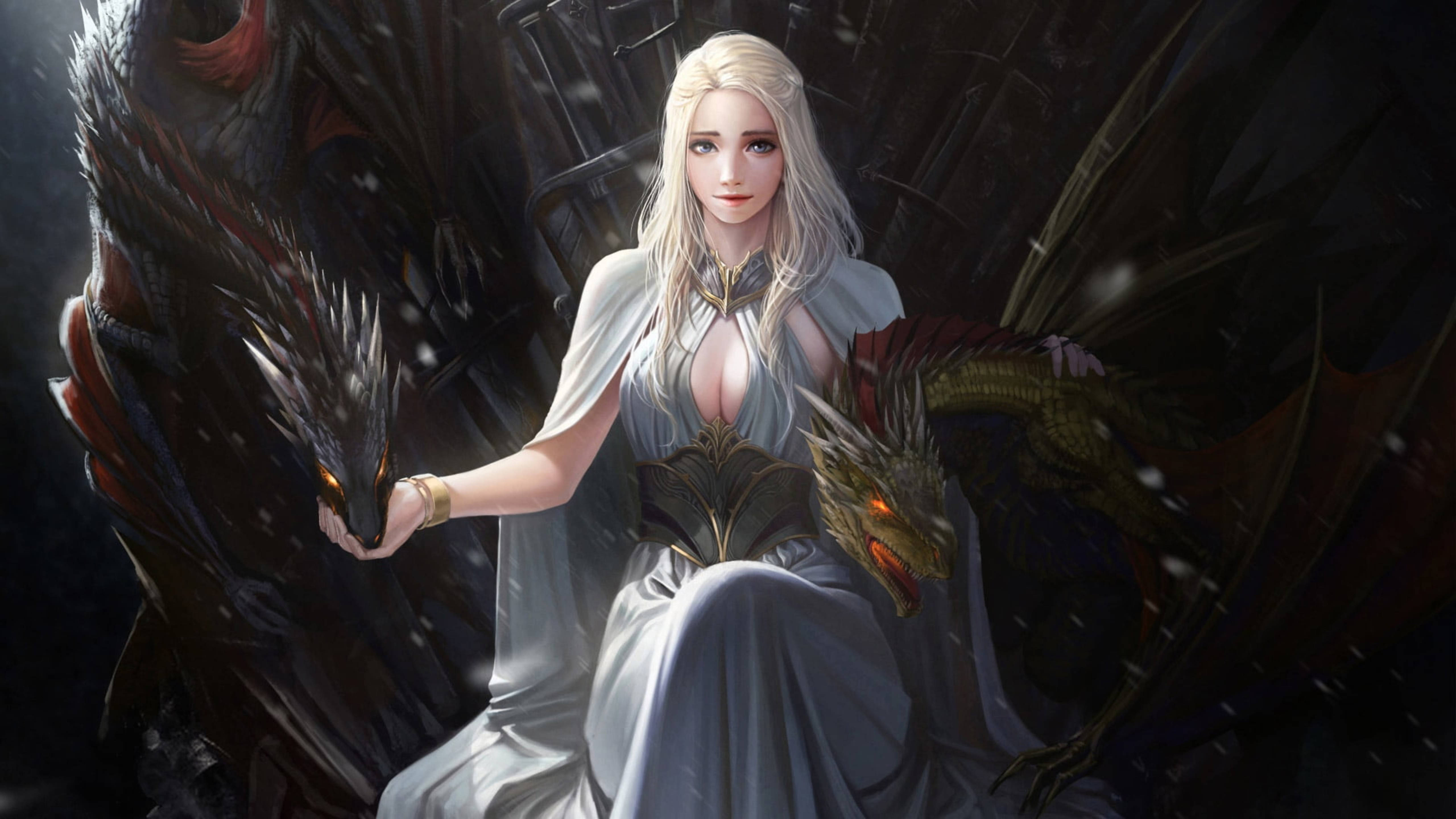 daenerys 桌布 壁紙 — 一位蒼白的女人穿著飄逸的白色長袍，在黑暗、積雪的王座室中端坐，兩側有兩條龍。