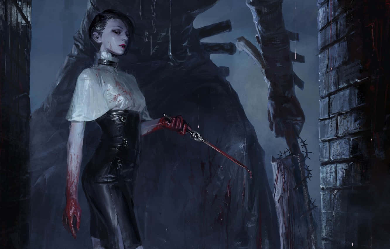 Gothic Fashion 桌布 壁紙 — 一位蒼白的女人身穿沾血的白襯衫和黑色束腰，在黑暗的石廊中站在一個高聳的怪物形象前，手持一把血淋淋的刀。