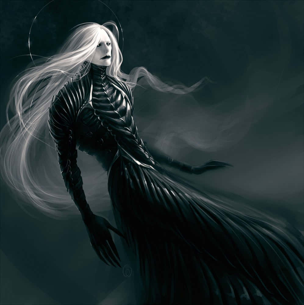 Vampire Lord 桌布 壁紙 — 一位蒼白的女性，飄逸的白髮和深色長袍，站在迷霧籠罩、陰影重重的虛空中，雙手伸展，彷彿在指揮無形的力量。
