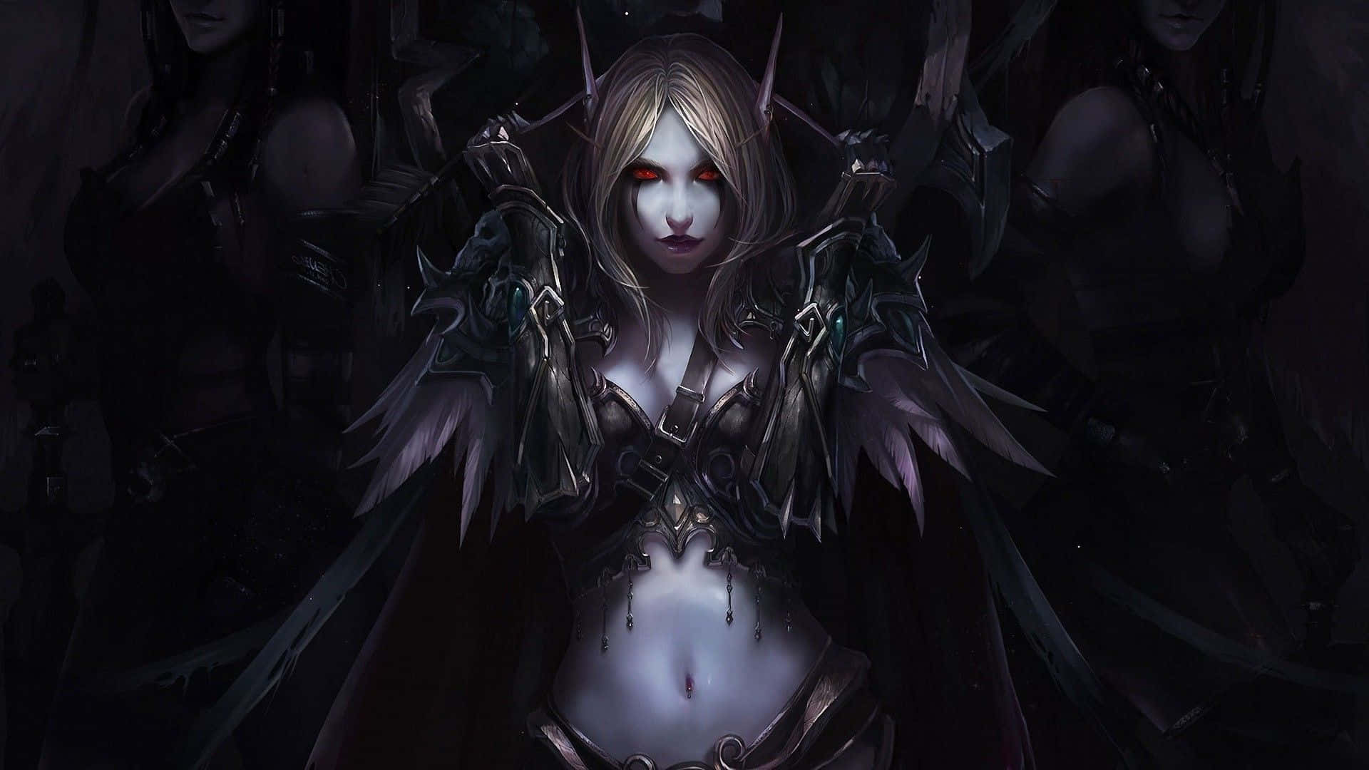 Eerie 桌布 壁紙 — 一位蒼白的女性戰士，擁有發光的紅色眼睛和暗色盔甲，在武裝人物的陰影背景下威嚴地站立。