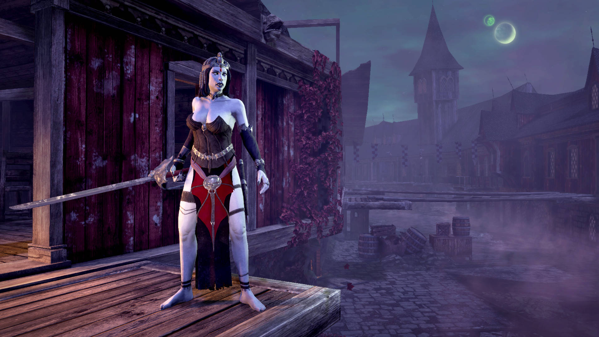 mordheim city of the damned 桌布 壁紙 — 一位蒼白的女戰士身穿紅黑盔甲，站在木碼頭上，在薄霧籠罩的中世紀村莊中，在暮色天空下握著劍，天空中有發光的月亮。