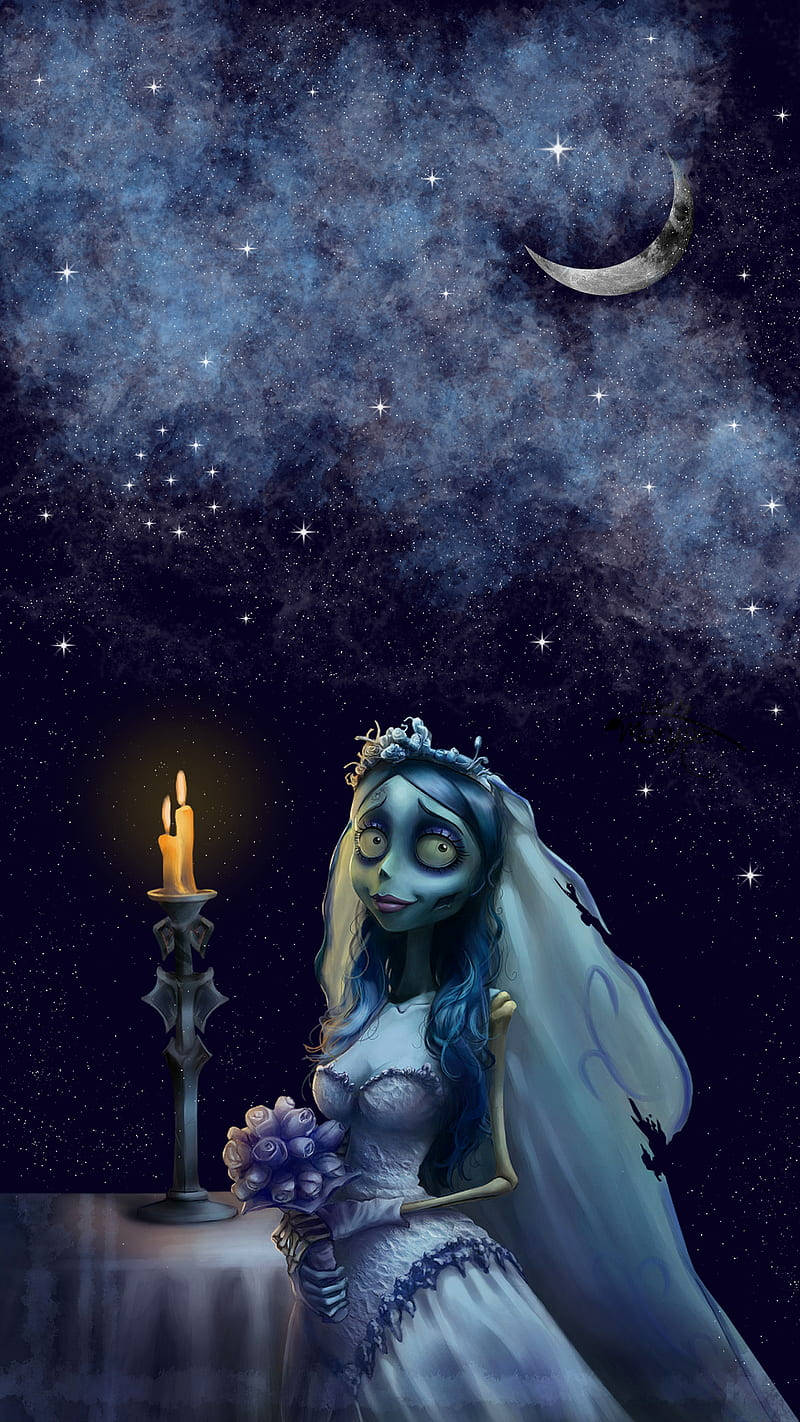 蠟燭 桌布 壁紙 — 一位蒼白的新娘，藍色頭髮，在星空下拿著紫色花束，背景有新月和燭光。