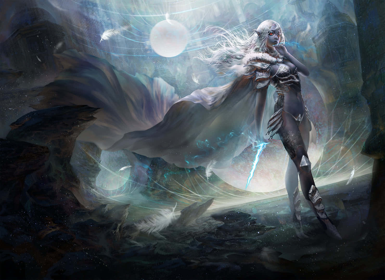 Dark Realm 桌布 壁紙 — 一位蒼白的精靈戰士，飄逸的白髮，站在神秘的洞穴中，在浮月下握著一把發光的藍色劍。