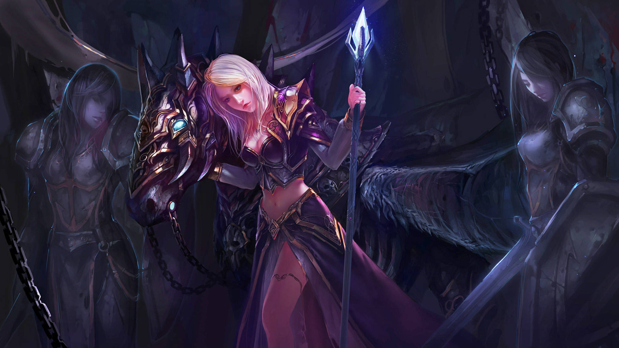 Lich 桌布 壁紙 — 一位蒼白的金髮女戰士身穿暗色鎧甲，騎著惡魔般的戰馬，在陰暗的哥德式場景中揮舞著發光的長矛。