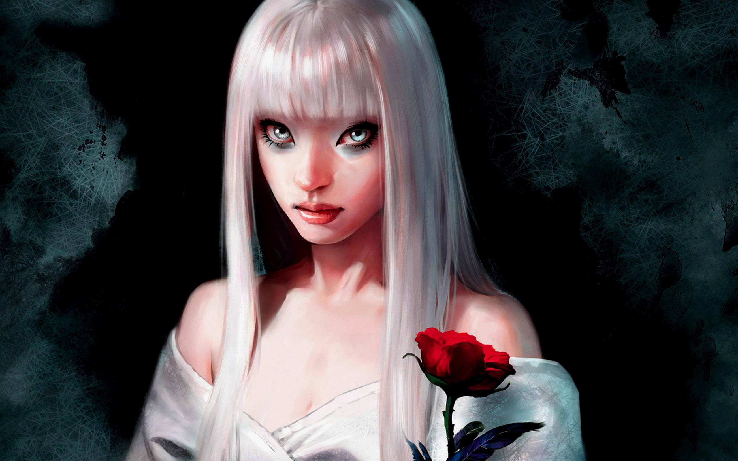 Goth 桌布 壁紙 — 一位蒼白的銀髮綠眼女子在黑暗煙霧背景前手持一朵紅玫瑰。