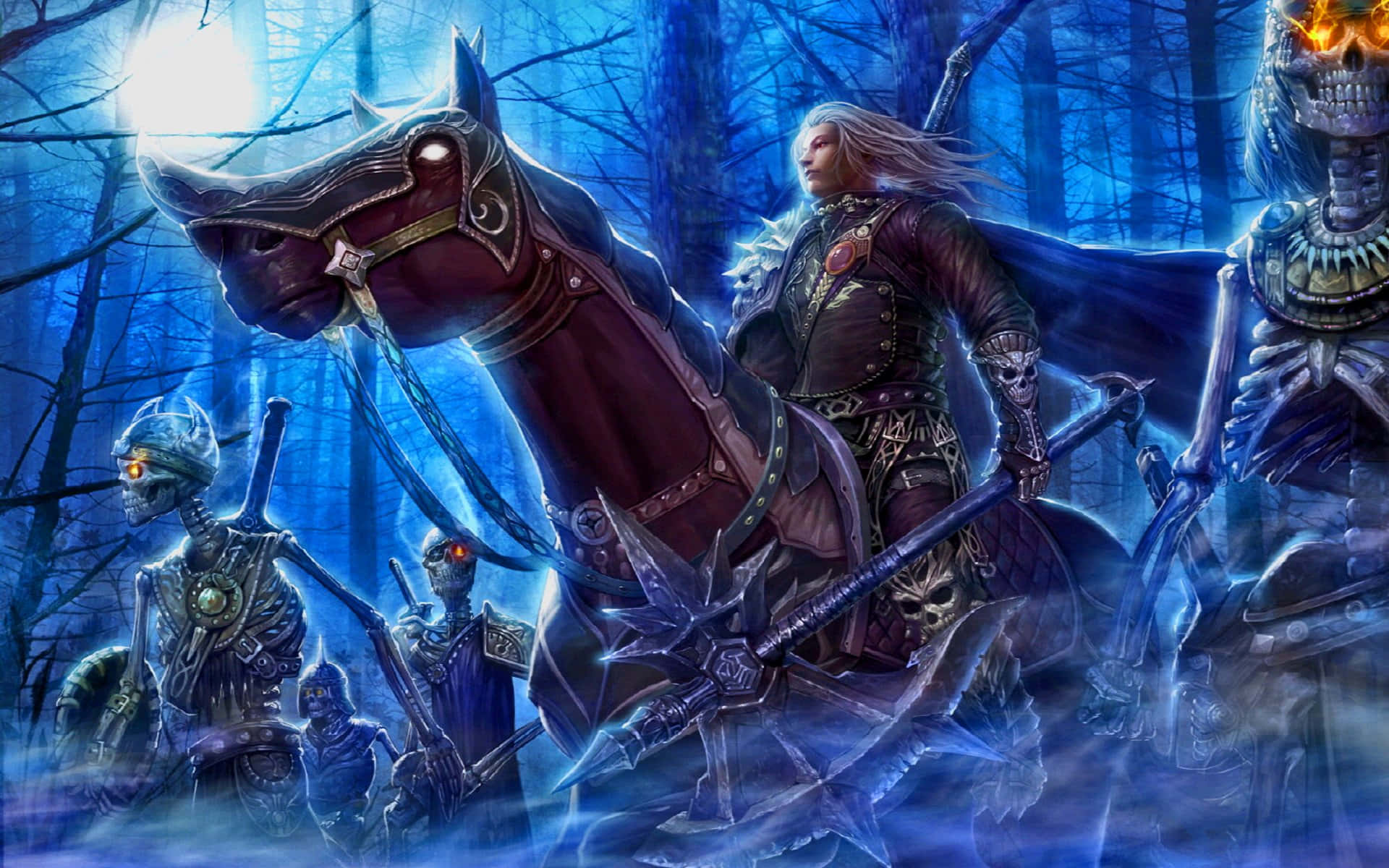 Death Knight 桌布 壁紙 — 一位蒼白的騎士騎著黑馬，帶領骷髏戰士穿過月光照耀的藍色森林，頭頂是一輪明亮的滿月。