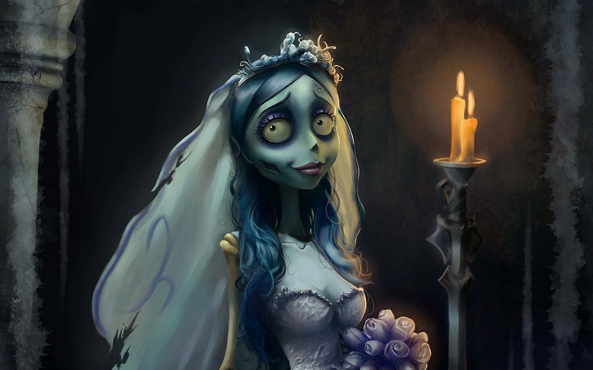 corpse bride 桌布 壁紙 — 一位蒼白藍皮膚的新娘，雙眼發光，手持骨柄花束，站在哥德式大教堂中閃爍的蠟燭旁。