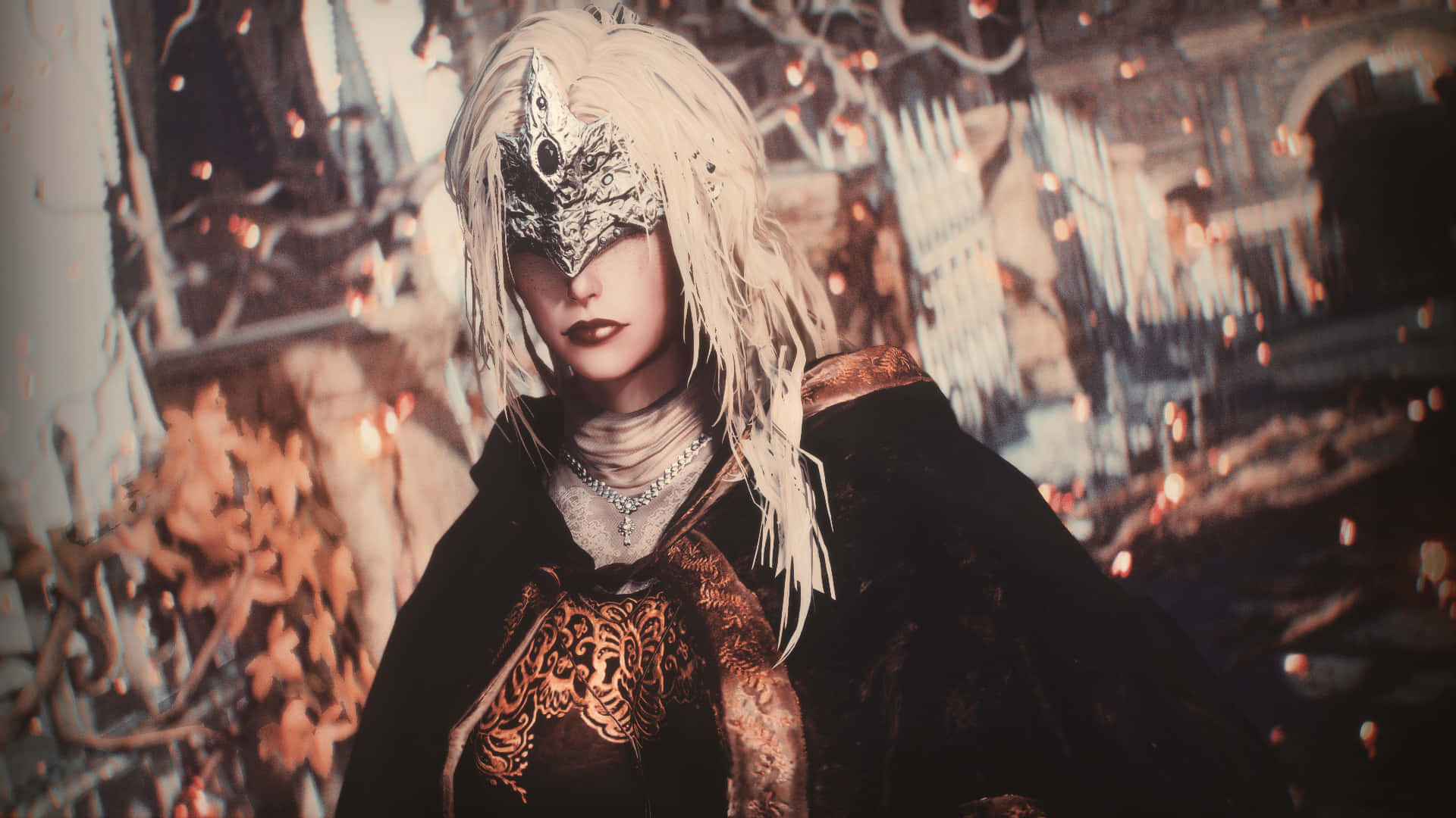 一位戴面具、身穿黑色斗篷的女子站在燃燒的哥德式廢墟前。 — Fire Emblem Warriors 壁紙