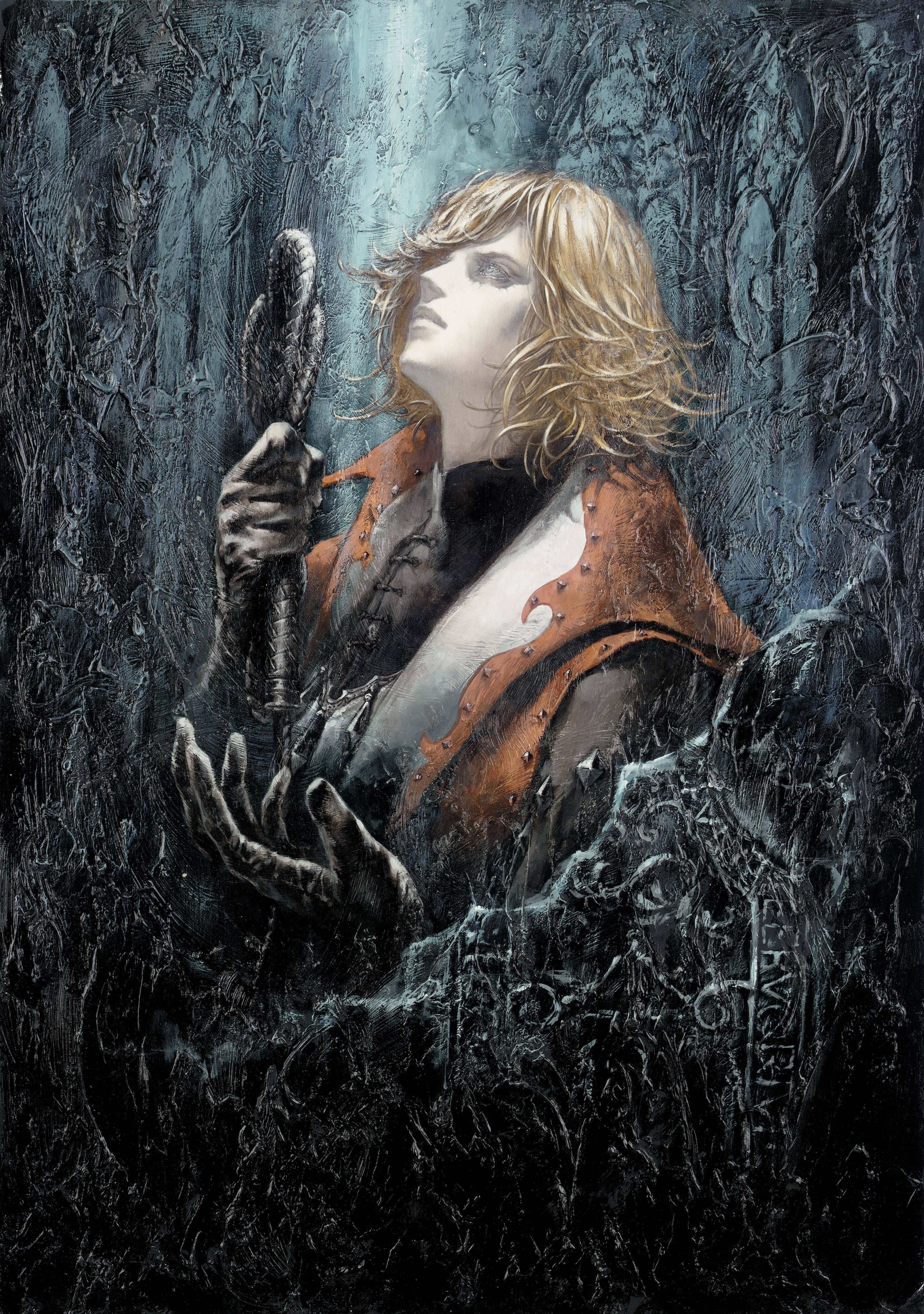 Castlevania 桌布 壁紙 — 一位蒼白頭髮的戰士穿著生鏽的背心，在冰冷的藍光下，於黑暗、有紋理的冰森林中手持法杖。