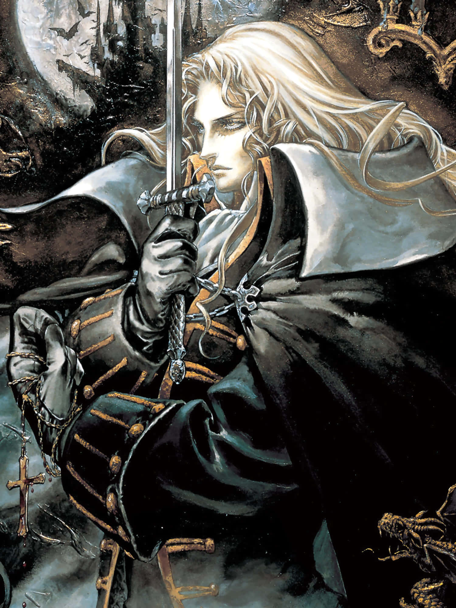 Castlevania 桌布 壁紙 — 一位蒼白頭髮的騎士身穿暗色盔甲，在滿月下的哥德式城堡背景下持劍。