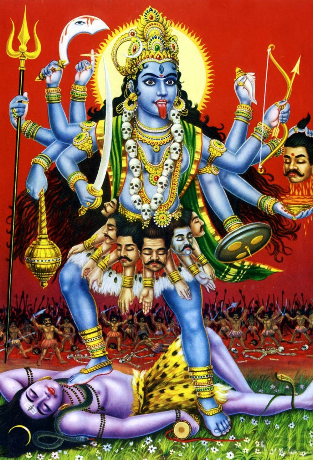 hindu iPhone 桌布 壁紙 — 一位藍皮膚、多臂的印度教女神，手持頭骨和武器，在火紅背景下勝利地站在被擊敗的敵人之上。