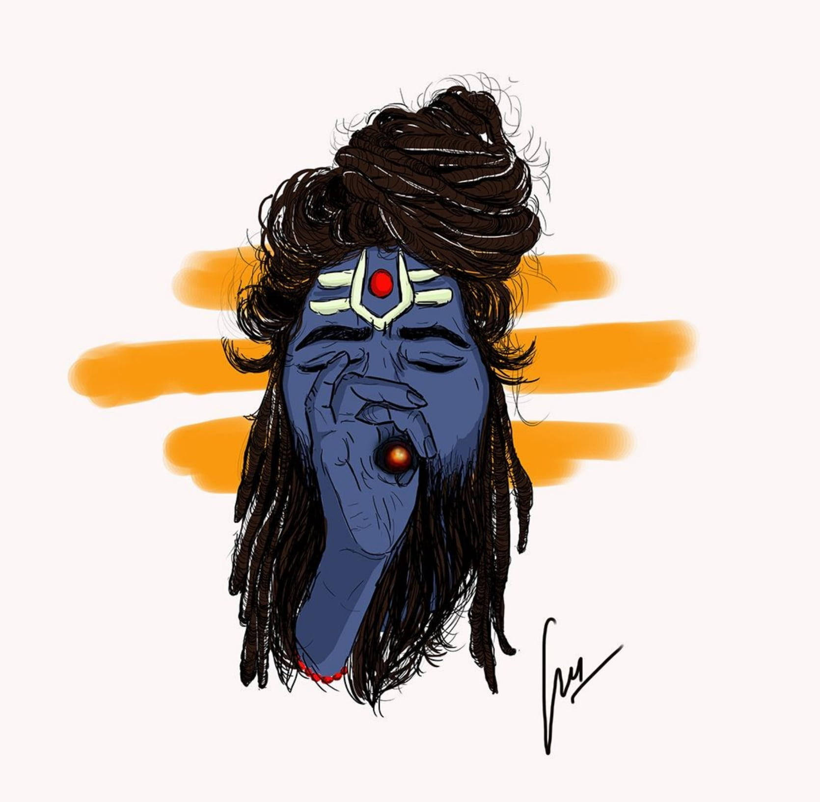 hindu iPhone 桌布 壁紙 — 一位藍皮膚、梳著辮子、額頭有紅色吉祥痣的神祇，閉著眼睛，手持發光球體，面對橙色陽光。