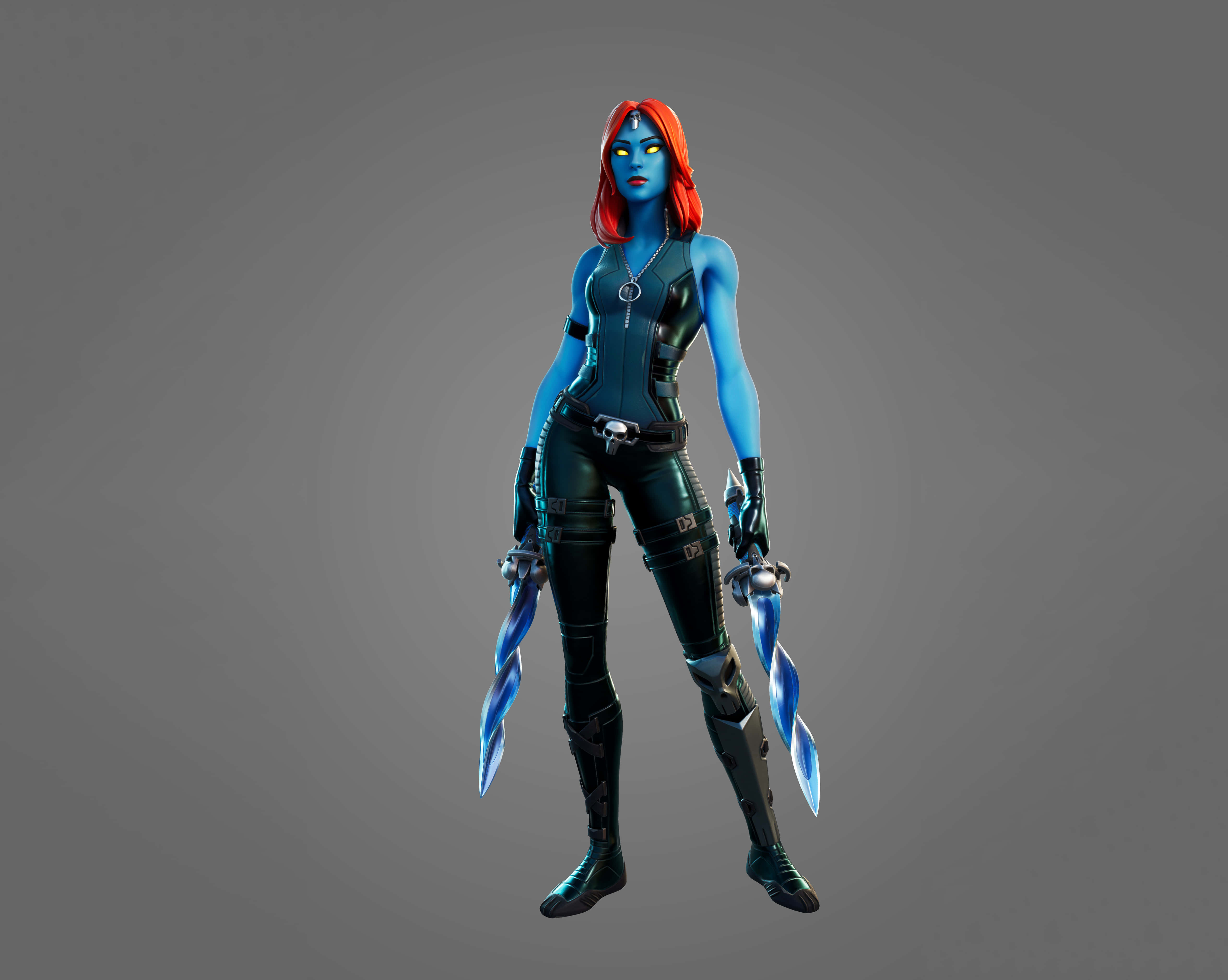 Fortnite 桌布 壁紙 — 一位藍皮膚、紅髮、眼睛發光的女性超級英雄，手持兩把能量刃，站在純灰色背景前。
