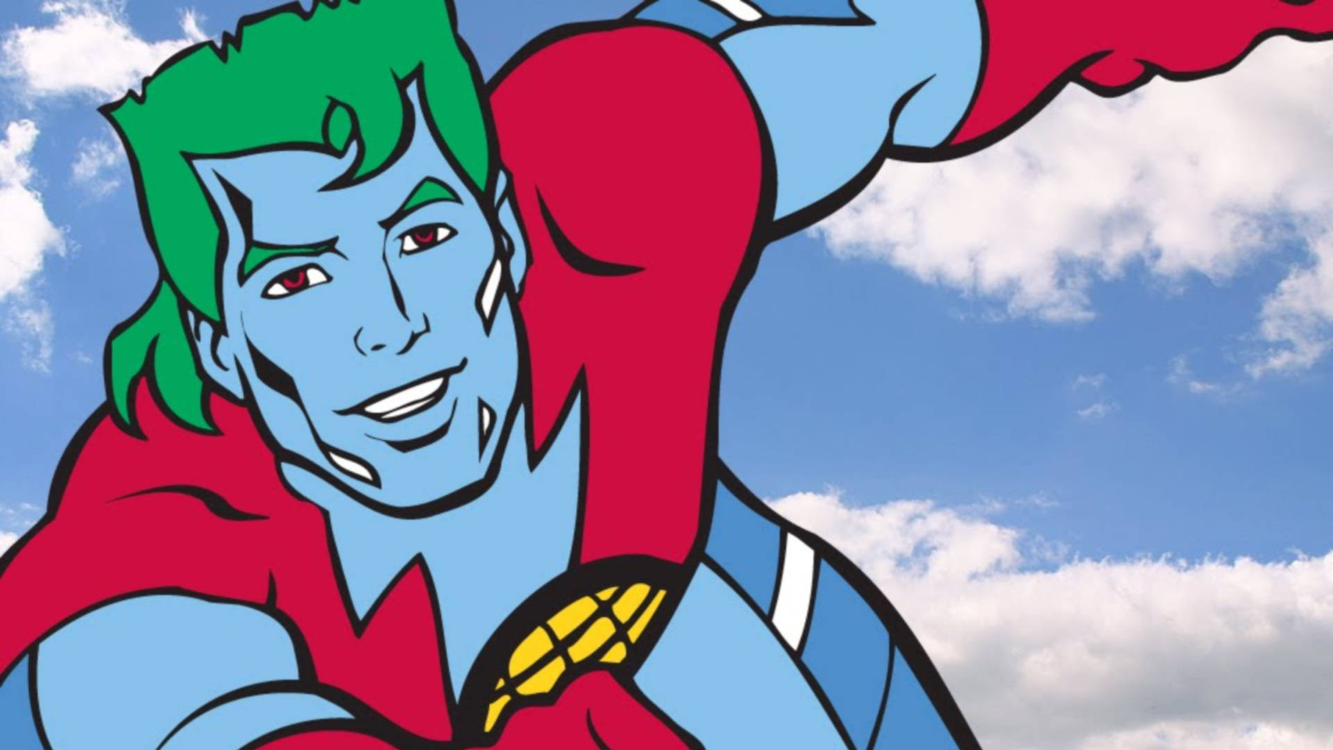 Captain Planet 桌布 壁紙 — 一位藍皮膚、綠頭髮、披著紅色斗篷的超級英雄，在藍天白雲的背景下擺出動感姿勢。
