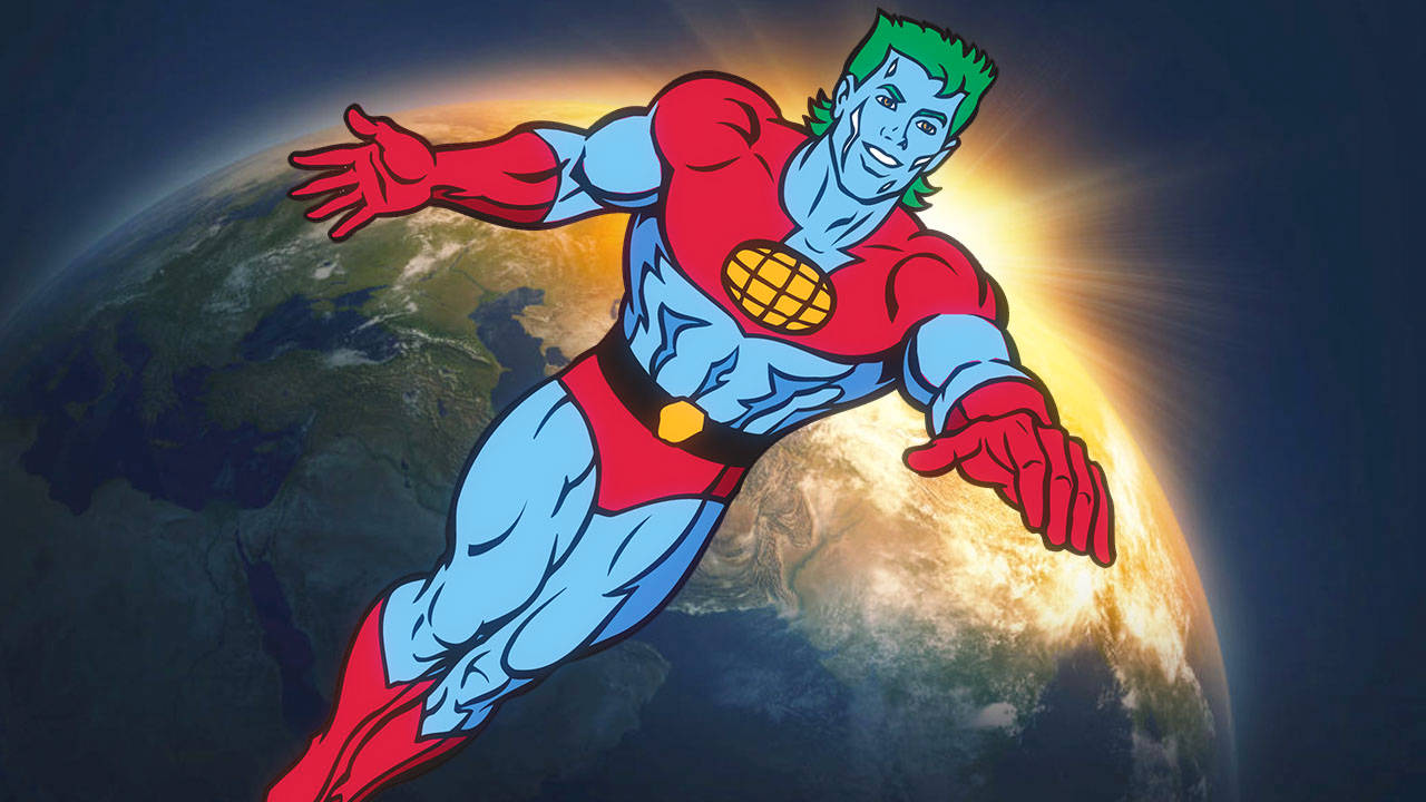 Captain Planet 桌布 壁紙 — 一位藍皮膚、綠頭髮的超級英雄在閃耀的日出背景下飛越地球。