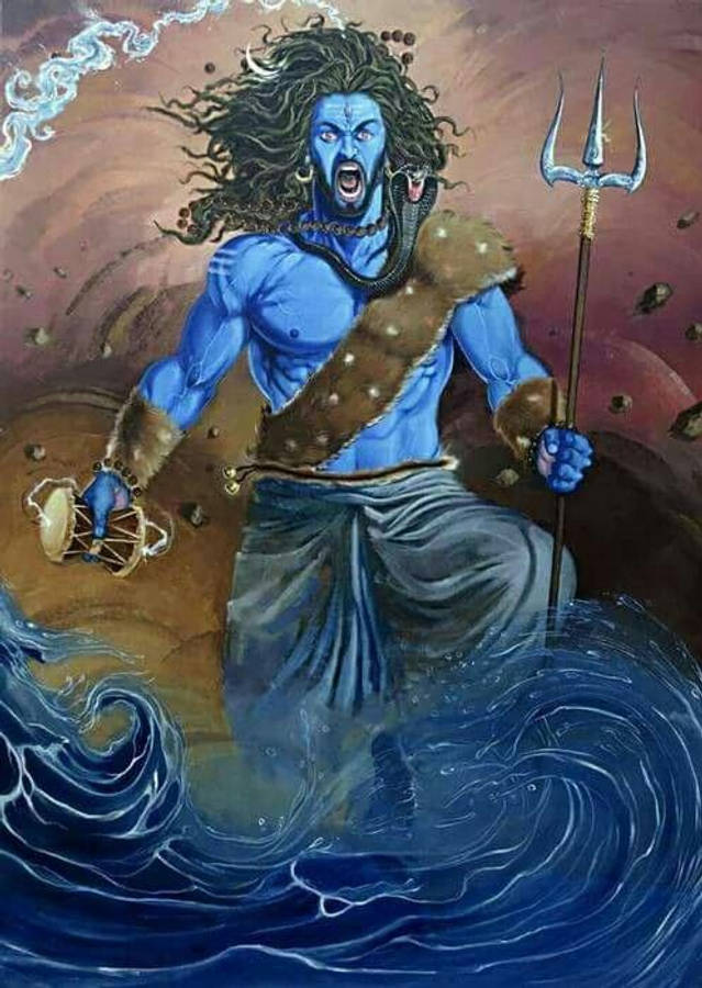 angry shiva 桌布 壁紙 — 一位藍皮膚、頭髮狂野的兇猛神祇，在暴風雨的天空下，於洶湧的海浪中揮舞著三叉戟和鼓。