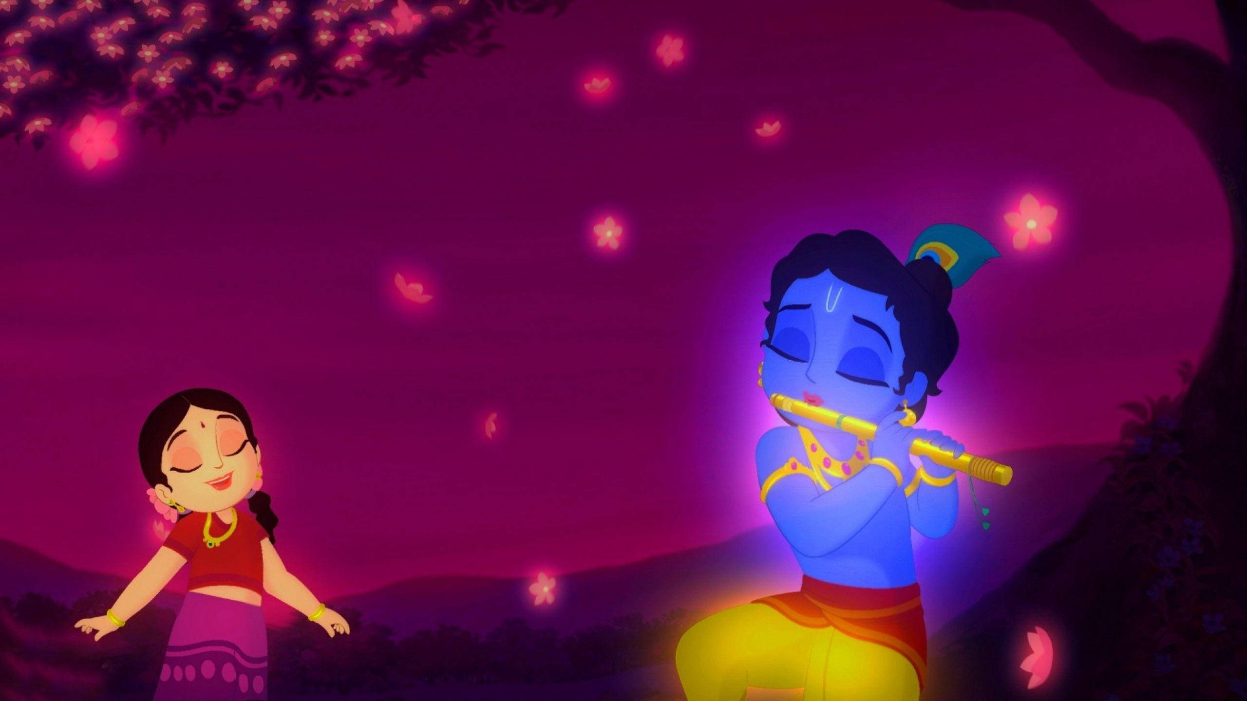 krishna god 桌布 壁紙 — 一位藍皮膚吹笛子的神祇，在充滿發光粉紅色花朵的暮色天空下，迷住了一個微笑的女孩。
