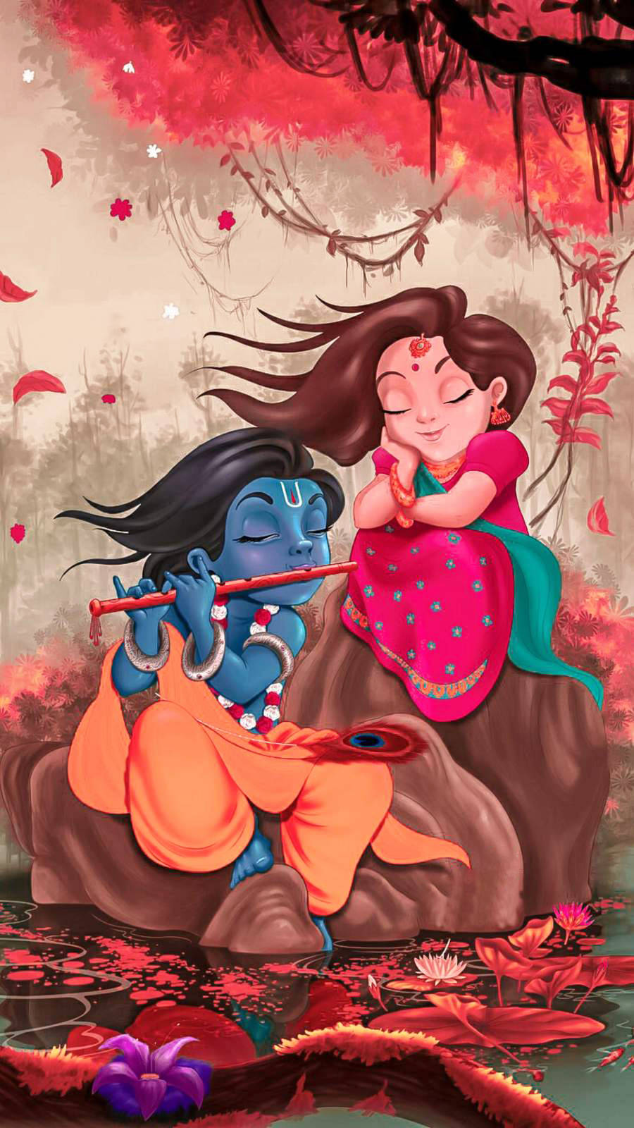 krishna iPhone 桌布 壁紙 — 一位藍皮膚吹笛的神祇，身穿橙色長袍，坐在一個微笑的粉衣女孩旁邊，上方是紅花組成的華蓋。