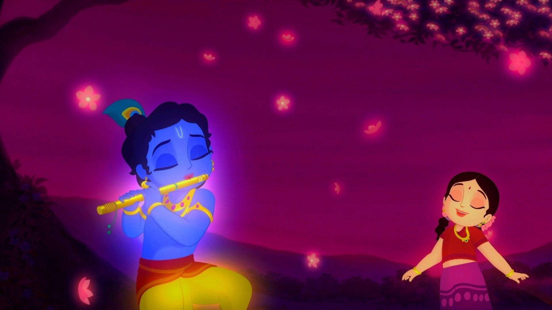 cute krishna 桌布 壁紙 — 一位藍皮膚吹笛的神祇在暮色天空下，伴隨著飄浮的粉紅花朵，迷住了一個微笑的女孩。