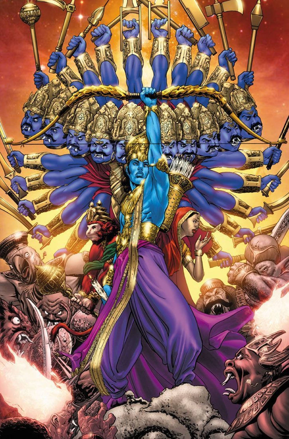 Vishnu 桌布 壁紙 — 一位藍皮膚多臂的神祇穿著紫色長袍，在熾熱的橙色天空下，於一場與惡魔敵人的激烈戰鬥中拉弓。