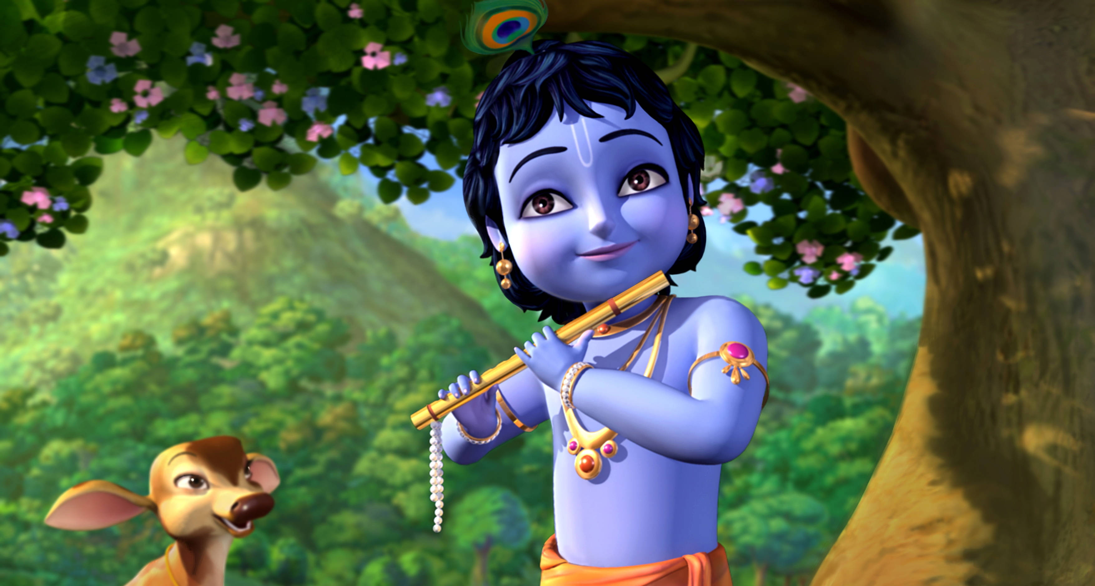 krishna iPhone 桌布 壁紙 — 一位藍皮膚的動畫神祇在開花的樹下吹奏長笛，一隻鹿驚奇地觀看。