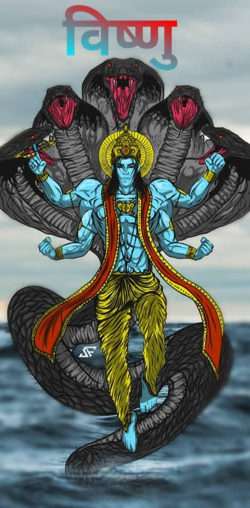 Vishnu 桌布 壁紙 — 一位藍皮膚的印度教神祇，多臂，站在洶湧水域中一條巨大的多頭蛇之上。