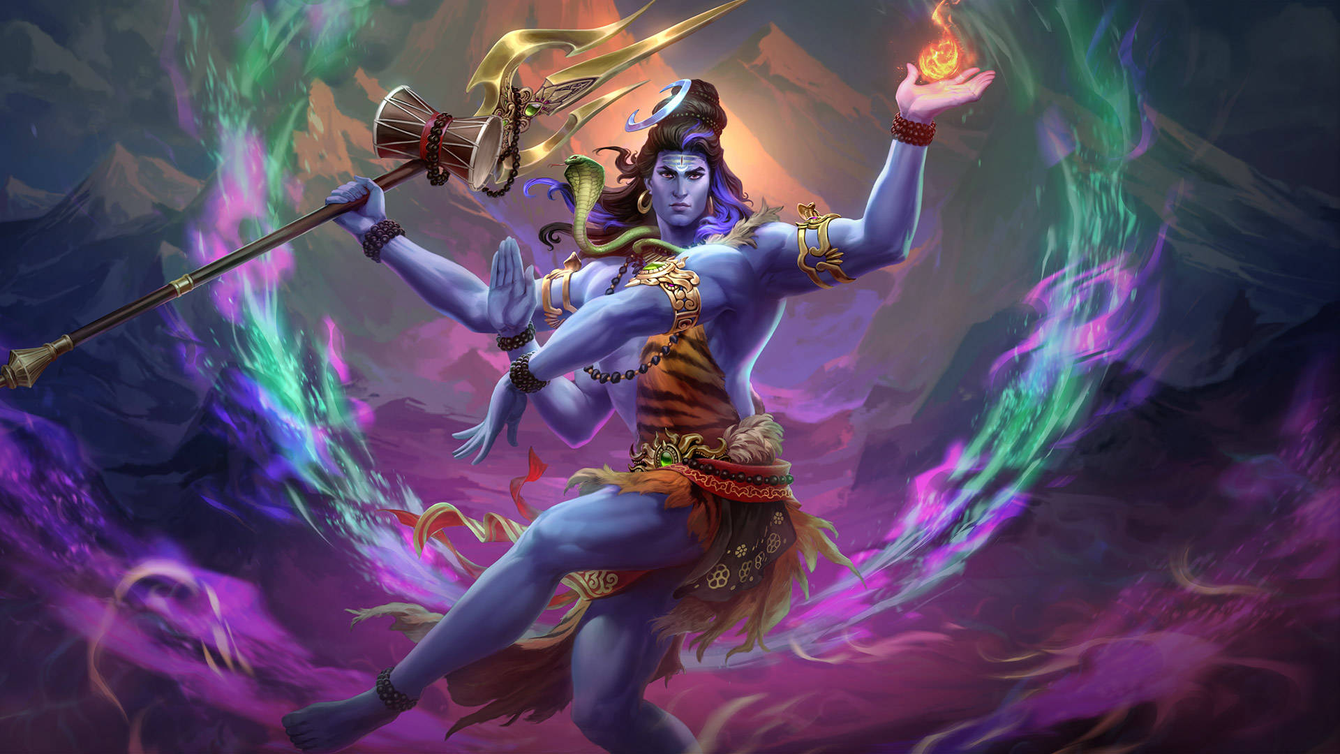 藍皮膚的印度教神祇手持三叉戟和火焰，被魔法能量包圍。 — 濕婆神 壁紙