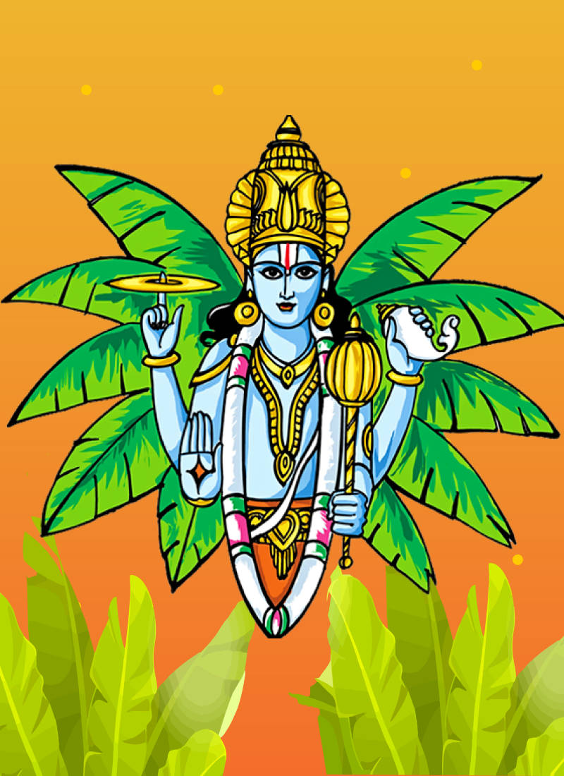 hindu iPhone 桌布 壁紙 — 一位藍皮膚的印度教神祇，有四隻手臂和金色皇冠，站在大片綠色香蕉葉之間，背景是溫暖的橙色漸變。