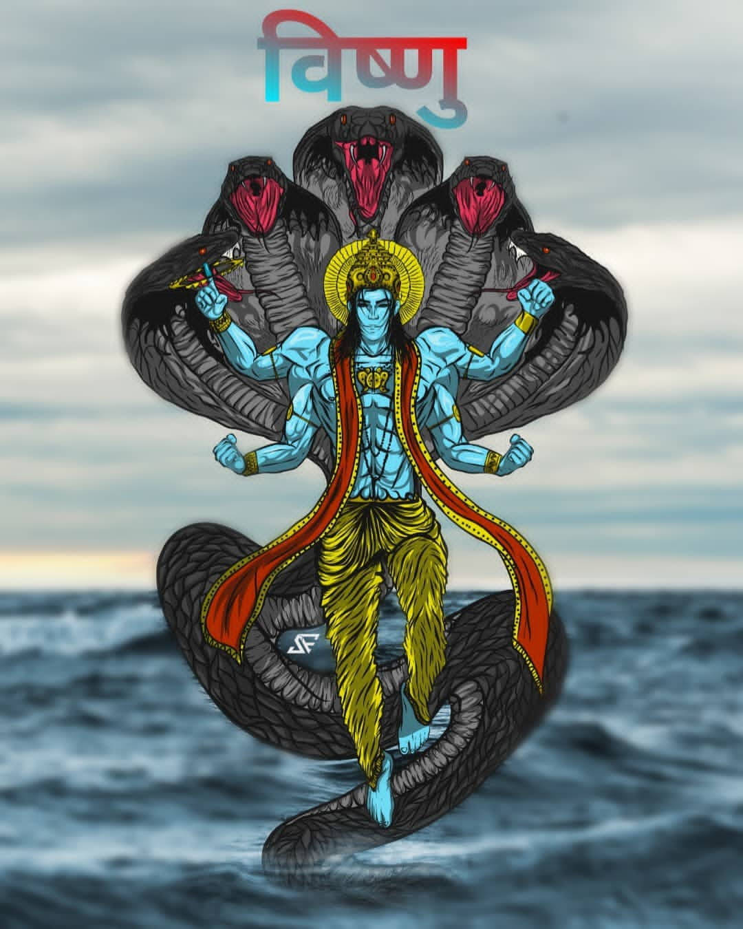 Vishnu 桌布 壁紙 — 一位藍皮膚的印度教神祇，有多隻手臂，站在一條從洶湧海浪中升起的巨大黑色多頭蛇之上。