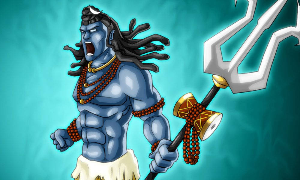 angry shiva 桌布 壁紙 — 一位藍皮膚的印度教神祇，留著長髮辮，手持三叉戟，在青綠色背景前咆哮。