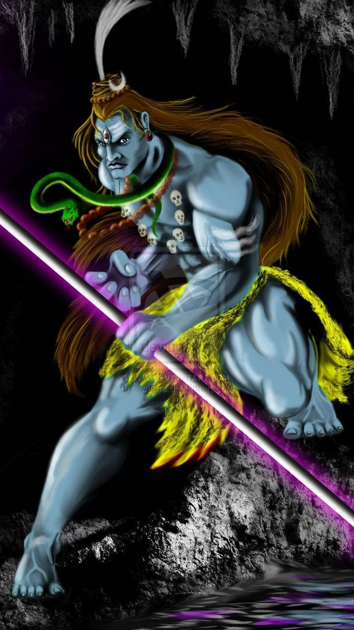 angry shiva 桌布 壁紙 — 一位藍皮膚的印度教神祇，長髮，戴著蛇項鍊，在黑暗洞穴中揮舞著發光的紫色三叉戟。