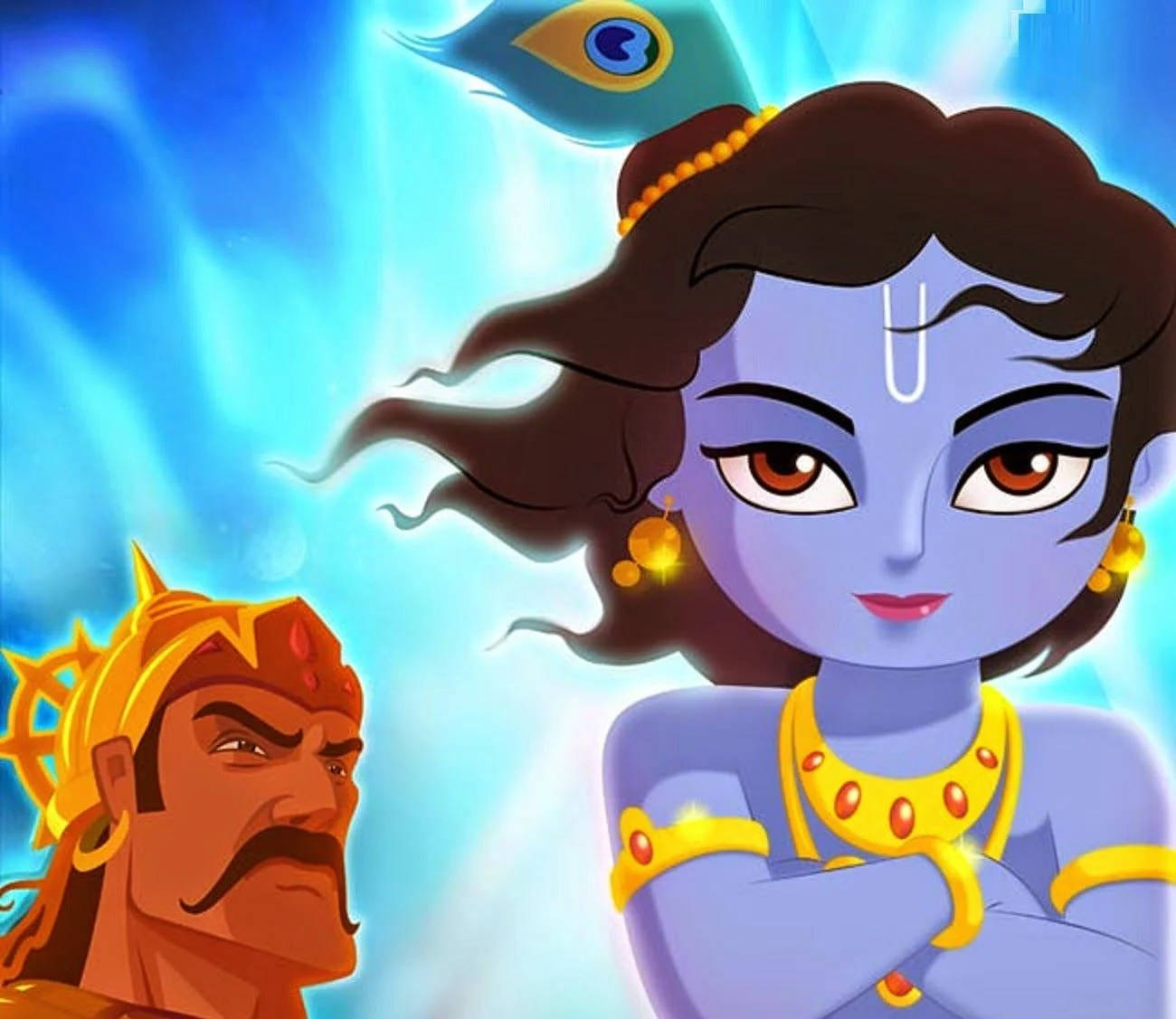 krishna 4K 桌布 壁紙 — 一位藍皮膚的印度教神祇戴著孔雀羽毛冠冕，自信地站在發光的藍色背景前，面對一位身穿金色盔甲的嚴厲國王。