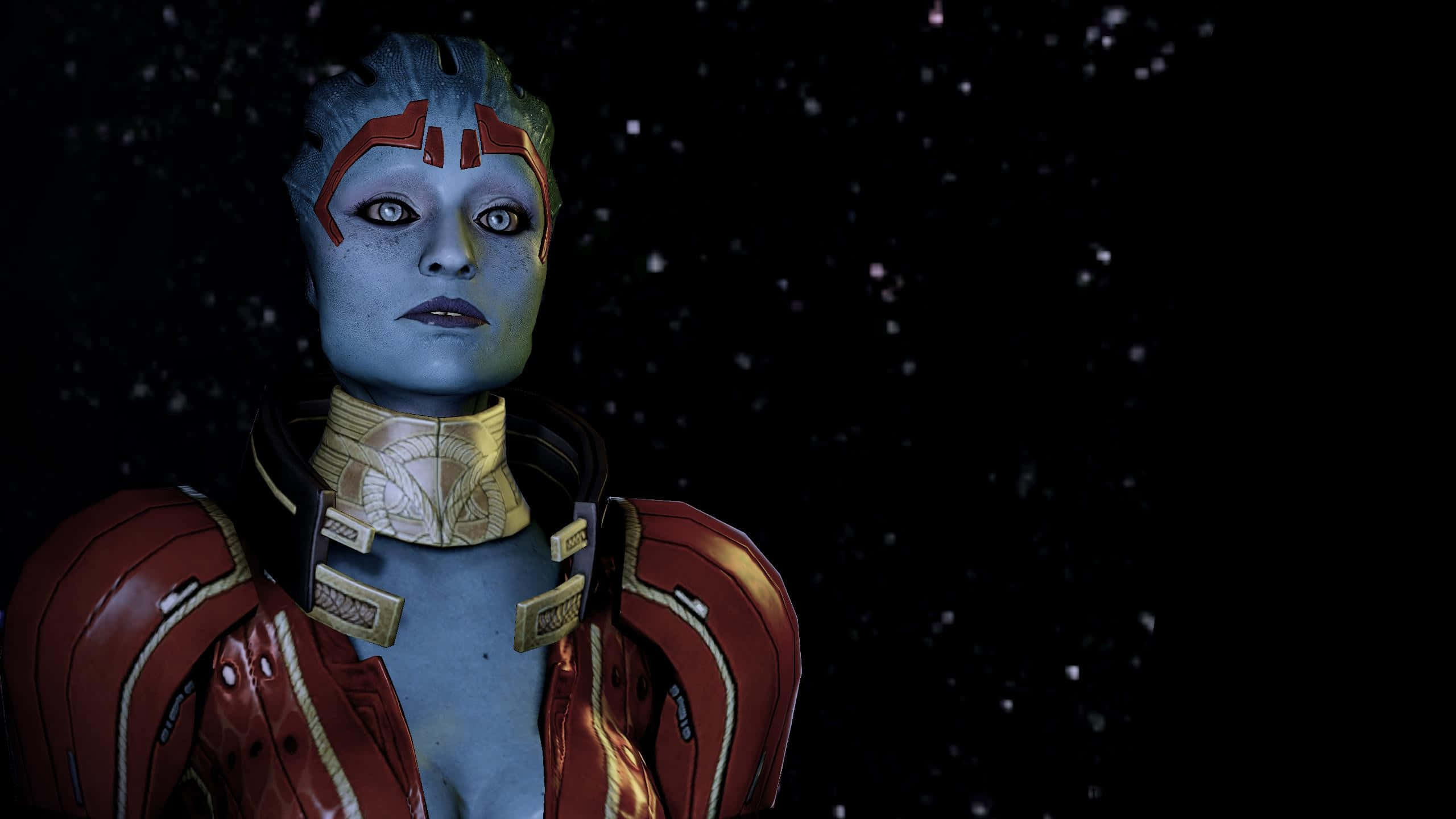 Mass Effect Samara 桌布 壁紙 — 一位藍皮膚的外星女性，身穿紅金盔甲，在星光宇宙背景下凝視前方。