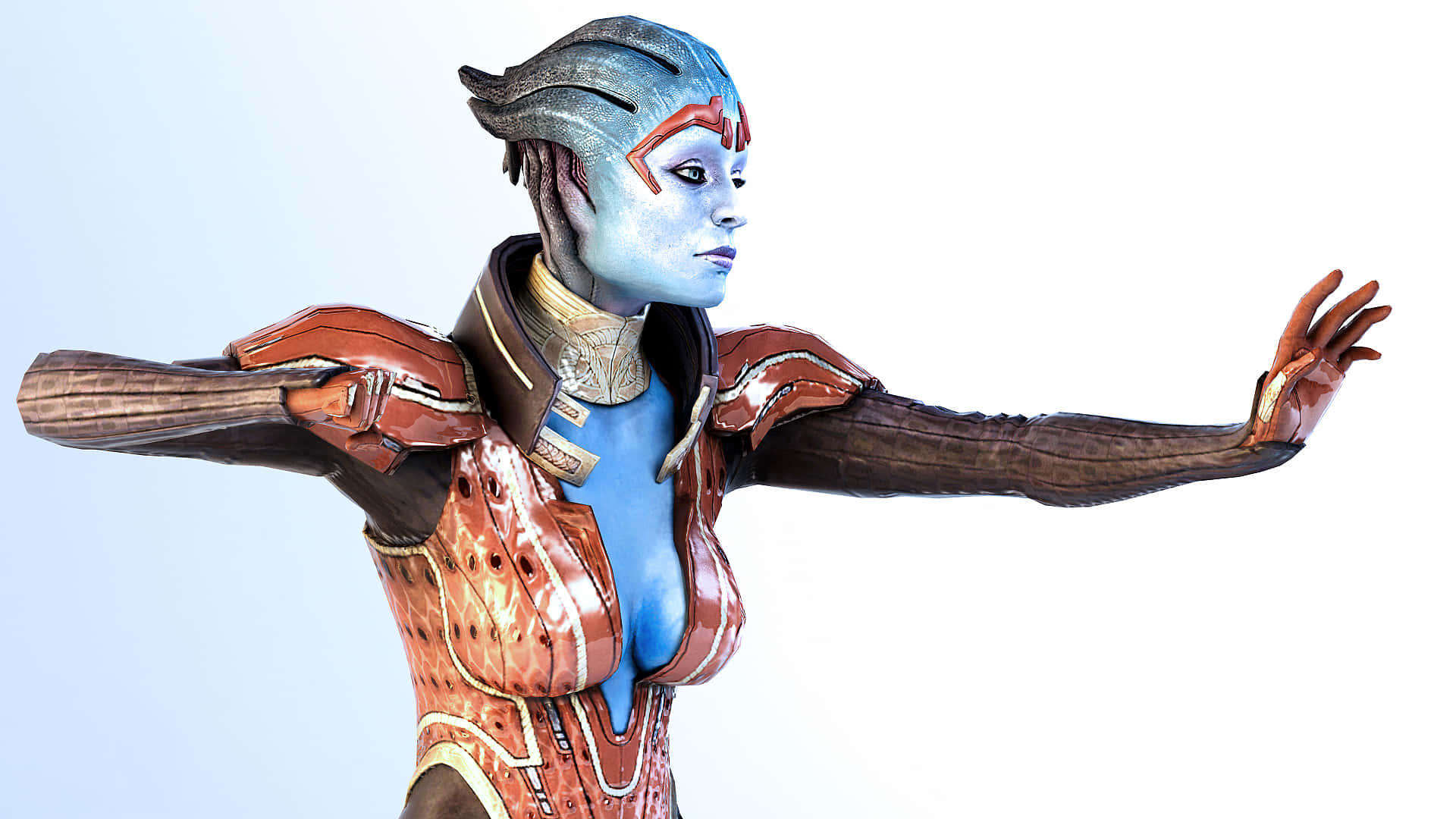 Mass Effect Samara 桌布 壁紙 — 一位藍皮膚的外星女性穿著華麗的棕色盔甲，在純白色背景前擺出平衡的姿勢。