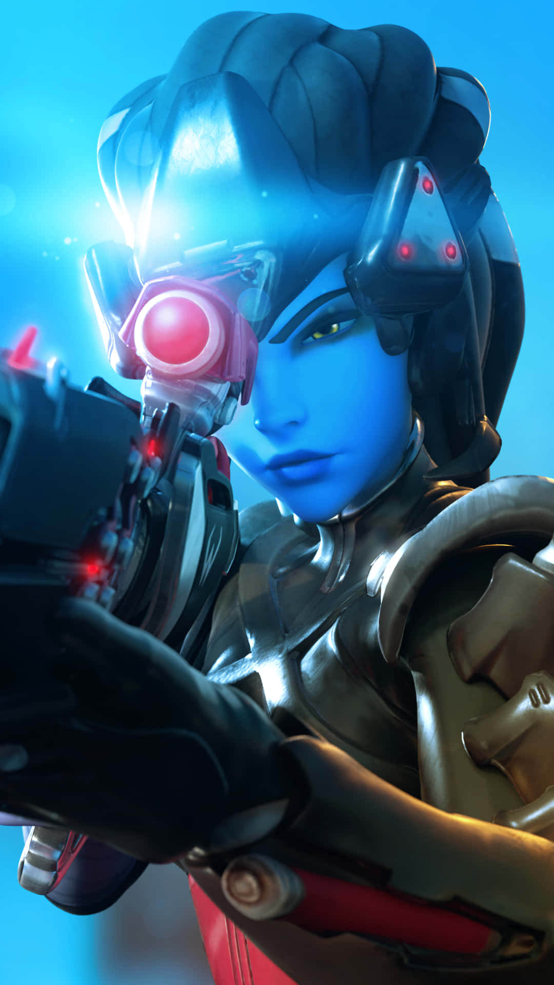 iPhone Xs Overwatch 桌布 壁紙 — 一位藍皮膚的女性戰士穿著未來風格的盔甲，在明亮的藍色背景下瞄準一把發光的紅色武器。