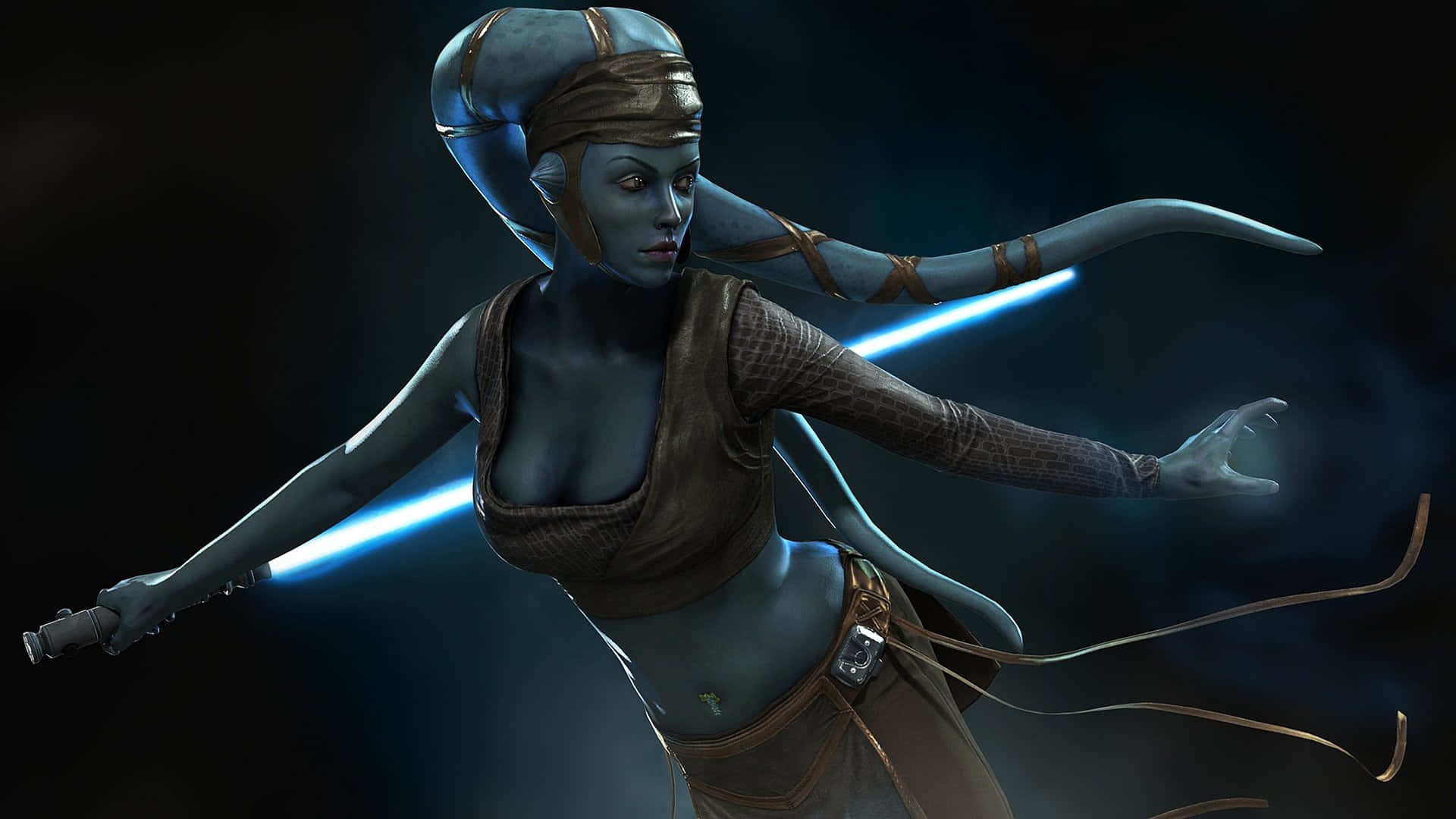 Twi'lek 桌布 壁紙 — 一位藍皮膚的女性絕地武士，長髮飄逸，在黑暗煙霧繚繞的背景中揮舞著發光的藍色光劍。